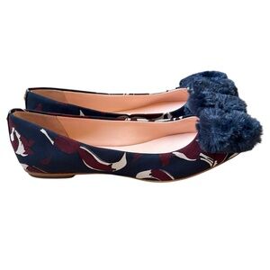 Kate Spade Elen Navy Satin Fluffy Bow Fox Flats Size 7.5 NEW